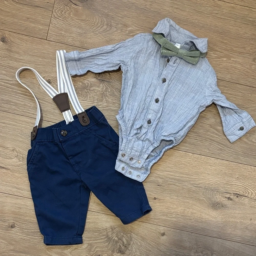 Carter's 3 piece set Striped Shirt with Olive Bow Tie and navy suspender pants